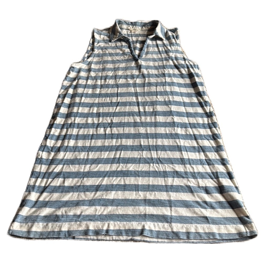 June and Delancey L Blue/White Stripe Collared Sleeveless Shift Dress EUC Cotton